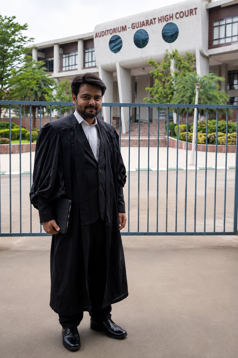 Brijesh Parekh in advocate's gown at the Gujarat High Court, Ahmedabad