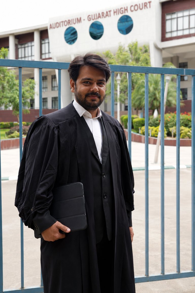 Brijesh Parekh in advocate's gown outside the Gujarat High Court, Ahmedabad